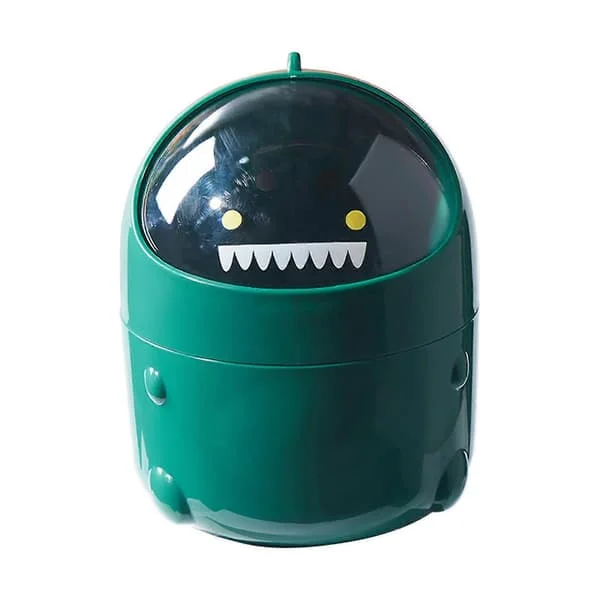 Desktop Trash Can with Lid, Cartoon Shape, Office Desk Waste Bin Green