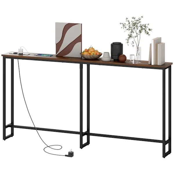 Konsolbord, hallbord med integrerad laddstation, stålben, smalt sidobord i industristil för hall, entré, kontor, stål, 160 x 20 x 80 cm, rustikt brunt