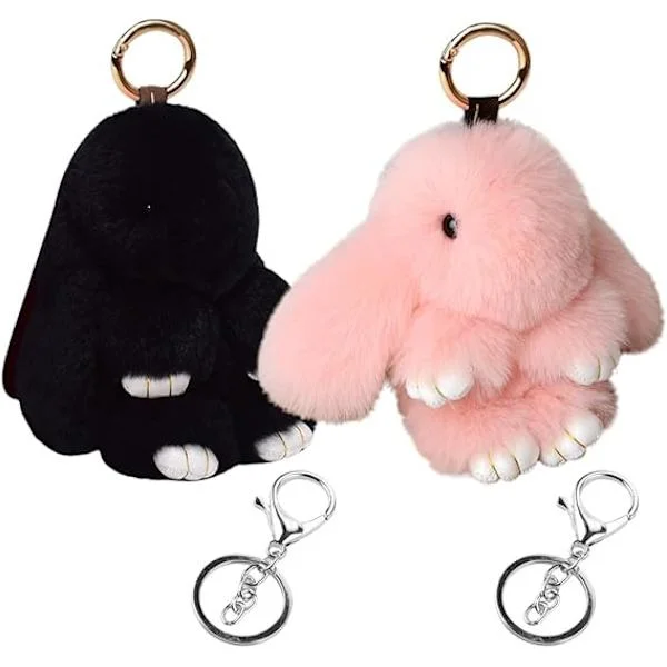 2 kpl Pehmokaniin avaimenperä, pehmeä pehmo mini kani, pehmokani avaimenperä, söpö avainriipus kani ketju avaimenperä, (musta+pinkki)