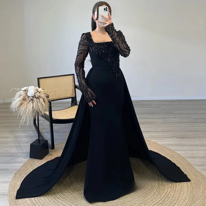 AliExpress - Prachtige zwarte avondjurk met cape, op maat gemaakte lange mouwen, vierkante hals, kralen, parels, bruiloftsjurk, galajurken