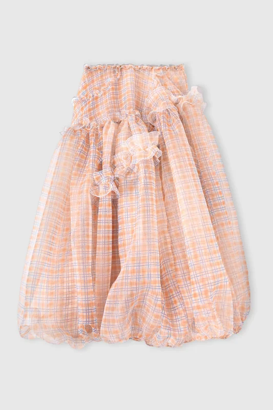 Ermanno Scervino Gonna a palloncino asimmetrica in organza tecnica stampa check azzurro denim e arancio, Arancione