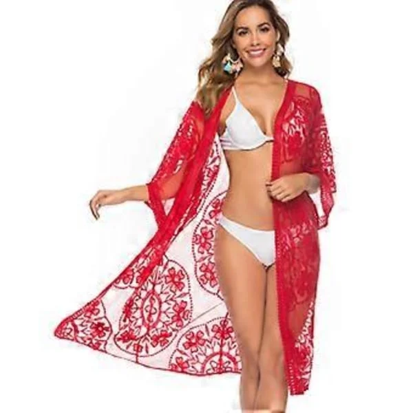 Bikini Cardigan för Dam Lång Strandöverdel Bikini Strand Cardigan Spets Vit Strandöverdel (flera valmöjligheter) (röd)