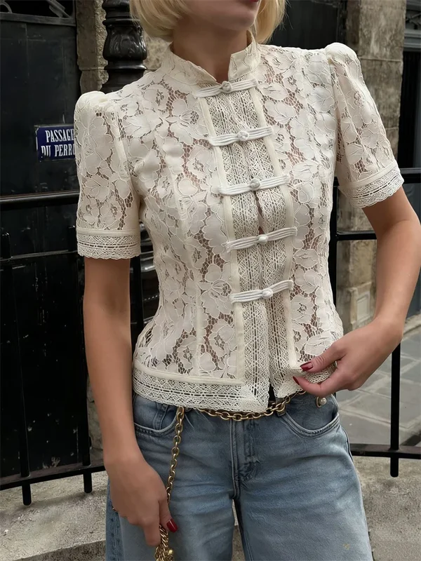 AliExpress - Tossy Fashion Hollow Out Lace Shirts Cardigan Damen Kurzarm Durchsichtig Patchwork Pendler-Top Weibliche Sommer-Spitzenblusen