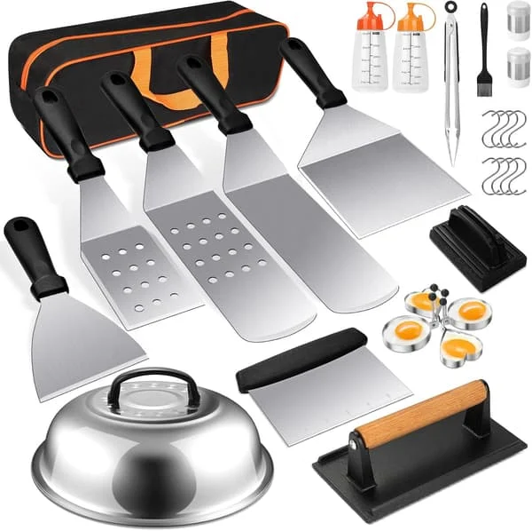 Stekspade Tillbehörssats, 28 delar Flat Top Grill Tillbehör för Blackstone och Camp Chef, Metallspatelset med Burgerpress, Smältkupol, Tång,