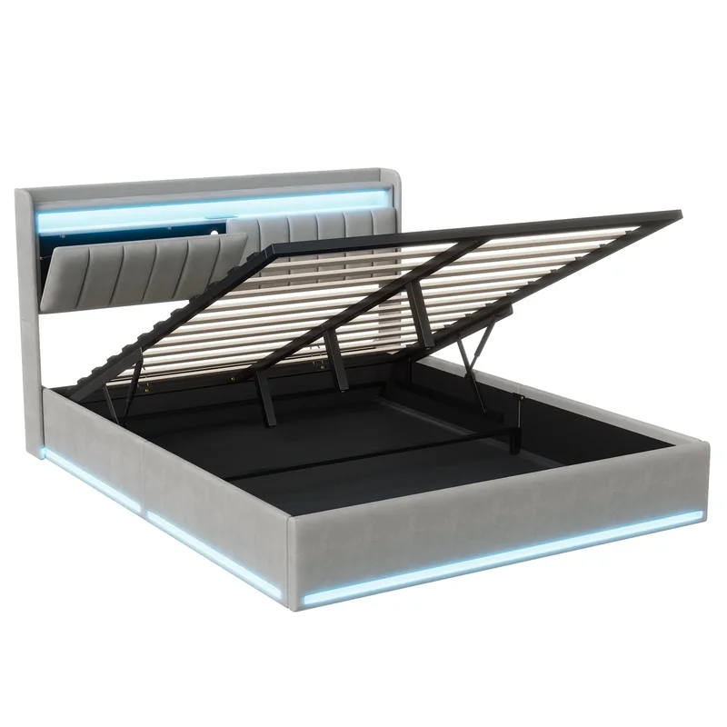 AliExpress - Hydraulic Bed 140 x 200 cm with LED,Upholstered Bed with USB,Headboard with Storage Space,Bed Frame,for Bedroom,Guest Room,Grey