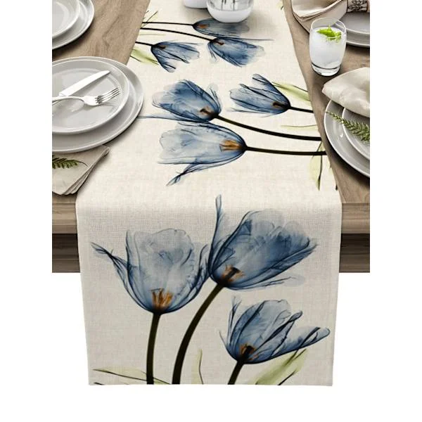 33 x 180CM Summer Decorative Table Runner (Tulips Ink Painting), Decorated Jute Table Runner for Wedding Summer Autumn Festive Outdoor Party 