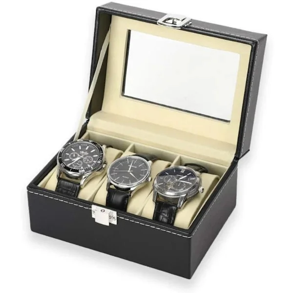 3-slot PU Leather Watch Box with Lock, Watch Storage Display, Watch Display Organizer, Black
