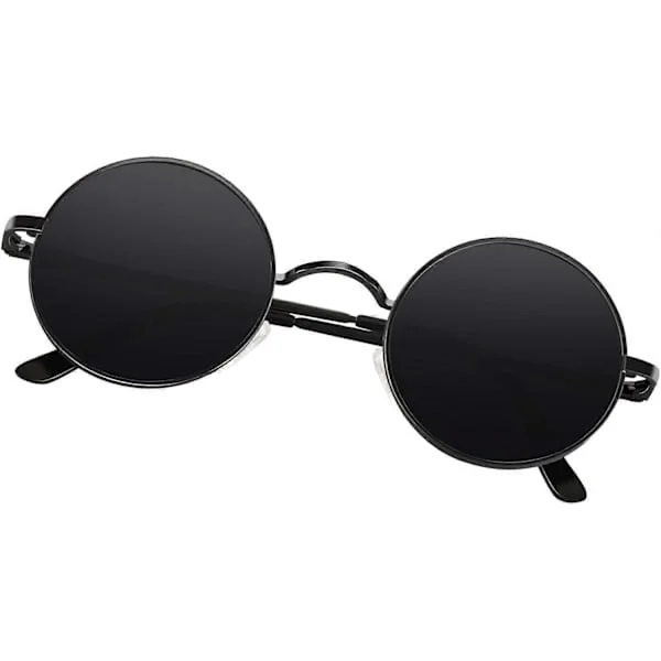 SCSYV runda solglasögon, unisex, 70-tals retro polariserade Lennon runda UV400 herr solglasögon, svart ram, grå linser.