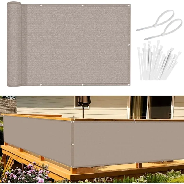 QU*Balkonginsynsskydd, 90 x 700 cm, PES (170 g/m2) staket för balkong och uteplats, Insynsskydd för balkong, med rep och aluminiumöljetter Toupe