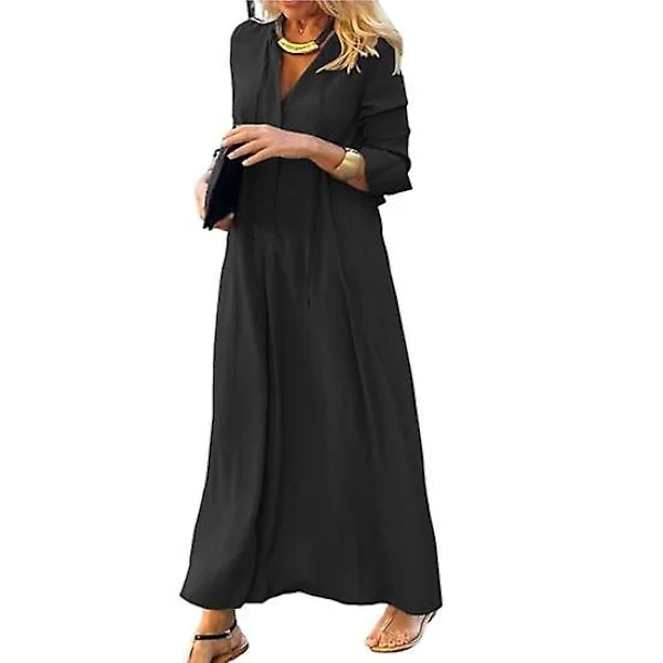 Skjortekjole Høy Midje Varm Hudvennlig Populær Dame Ensfarget Pullover Høst Lang Kjole for Ferie svart black_yux black