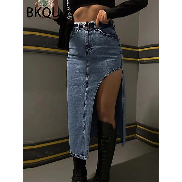 BKQU Dame Midi Denim Nederdel 2023 Sommer Sideslids Høj Talje Kontordame Lang Cowboy Nederdel Koreansk Lige A-formet Blyantskørt