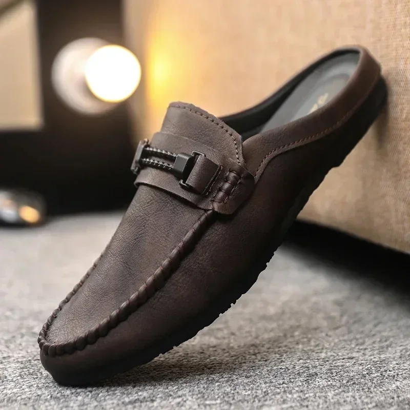 AliExpress - Demi-Pantoufles en Cuir pour Homme, Chaussures d'Été Respirantes, Décontractées, à Enfiler, Confortables, Mocassins de Marche