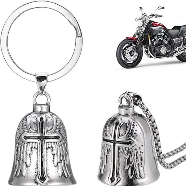 2 stk motorsykkel Guardian Bell med kjede, rustfritt stål Angel Bell for syklister, motorsykler, sykler, nøkkelring sølv