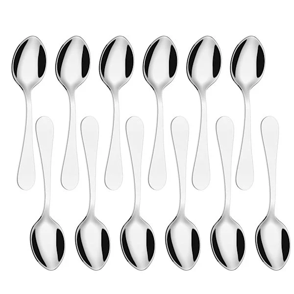 Teskjeer, sett med 12 teskjeer i rustfritt stål, kaffe-te-dessertbestikk – 14 cm / 5,5 tommer (sølv)