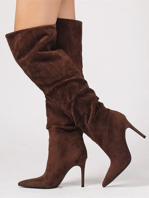 AliExpress - Liyke Winter Plissee Wildleder Über Das Knie Stiefel Frauen Retro Braun Spitz Dünne Fersen Runway Schuhe Designer Lange Booties Mujer