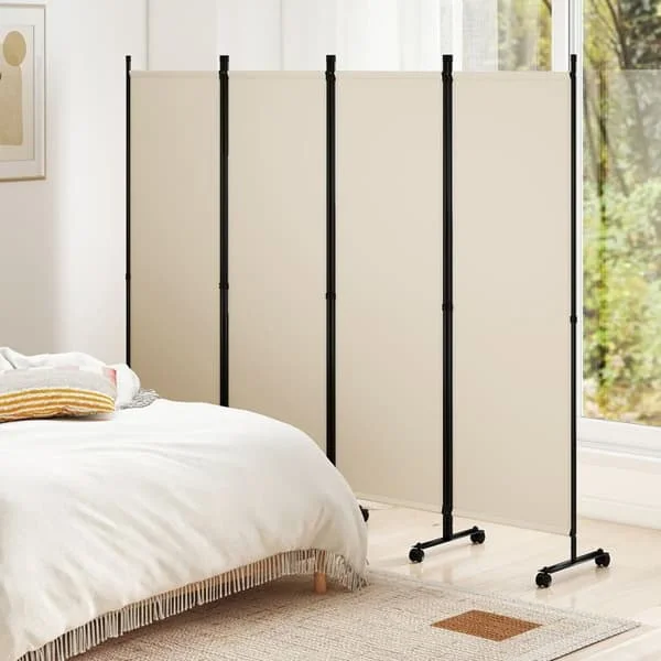 Sammenklappelig Indendørs Skærm -COSTWAY- Uigennemsigtig Rumdeler med 4 Paneler og Bremsehjul, Rumdeler, 221x173CM, Beige