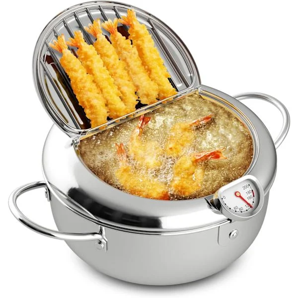 Mini frityrkoker, frityrkoker i japansk stil, frityrkoker for komfyrtopp, med kurv, med lokk, termometer, oljedrenningsstativ, 3,6 quarts (3,2 liter)