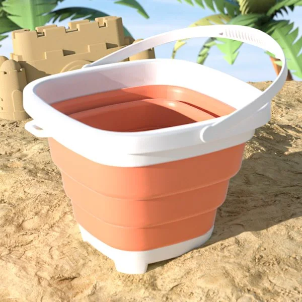 (Orange Color) Foldable Kids Beach Bucket with Spade, Toys, 10 Pieces, Easy to Carry, Water Games for 3~10 Year Olds, Travel Gifts