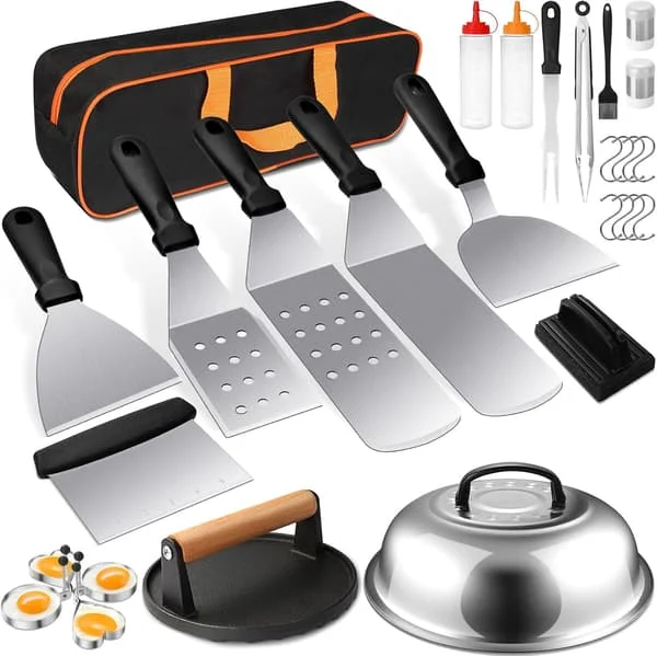 Stekspade-tillbehörssats, 29 delar Flat Top Grill-tillbehör för Blackstone och Camp Chef, Metallspatelset med Burgerpress, Smältkupol, Skrapa,