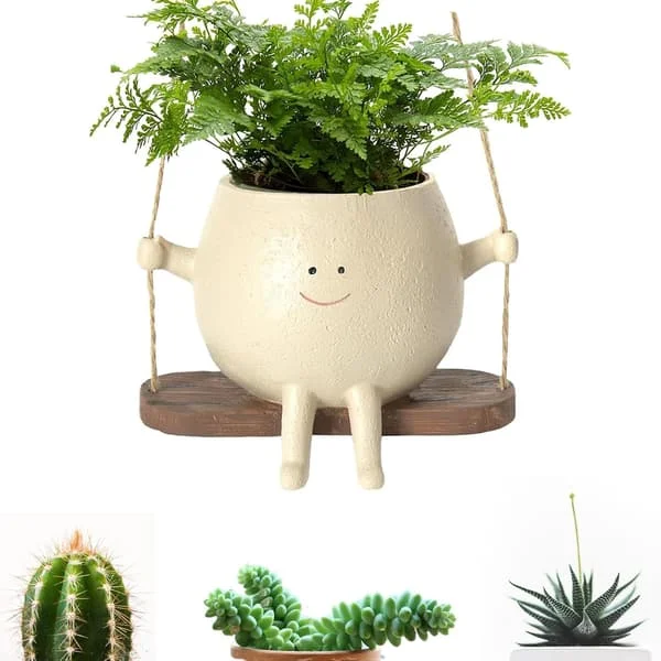 [KK] Svingende ansiktsblomsterpotte, smilende ansikt hengende potte, små hengende blomsterpotter i harpiks, hengende blomsterpotter innendørs og 