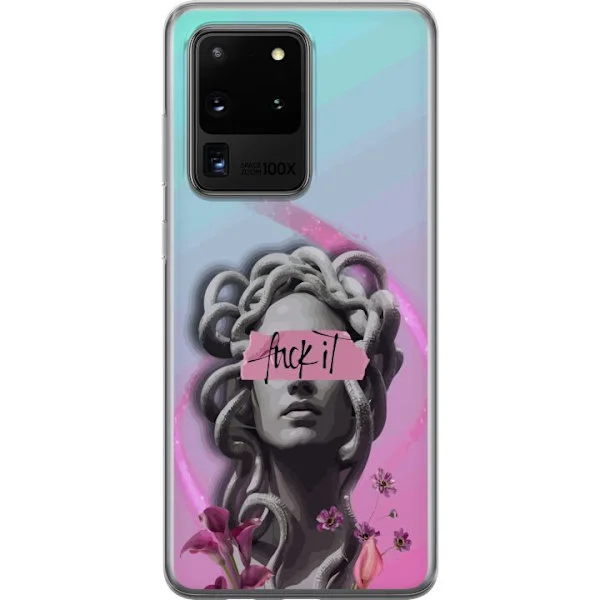 Kompatibelt Mobilskal till Samsung Galaxy S20 Ultra Konstnärligt motiv med staty, rosa detaljer och rebellisk textdesign i pastellfärger