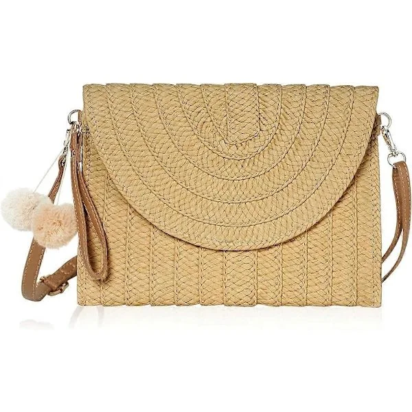 Straw Bag, Summer Beach Straw Bag, Woven Handmade Simple Crossbody Bag with Lovely Pendant, Bohemian Shoulder Bag for Summer Beach Travel (Brown)