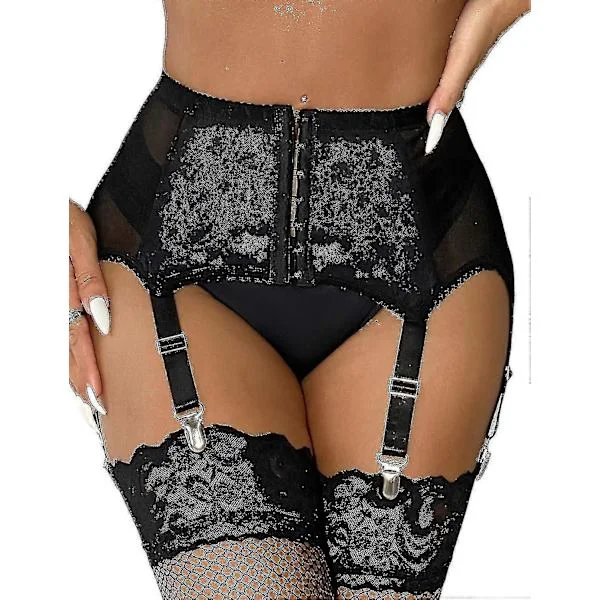 Dame Strømpebånd Plus Size Blonder Strømpebånd med 6 Metallklemmer Justerbart Undertøy Strømpebukser U Svart Svart