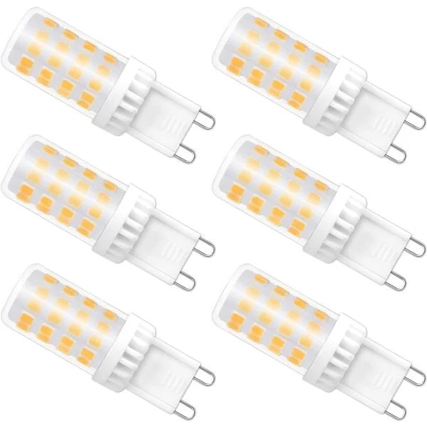 Dæmpbar G9 LED-pære, 4W svarende til 40W halogen, 480 LM, varm hvid 3000K, standard G9-fatning, 360° rotationsvinkel med 6-pak
