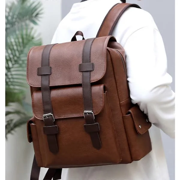 Leather Laptop Backpack for Men, Work Business Travel Office Backpack College Bag, Waterproof Casual Daypack for Computer Fits 15.6 Inch Laptop