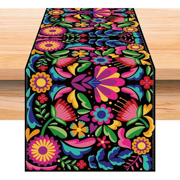 33 x 180CM Summer Table Runner (Colorful Flowers), Jute Fabric Table Runner, Wedding, Summer, Autumn, Festival, Outdoor Party Decoration