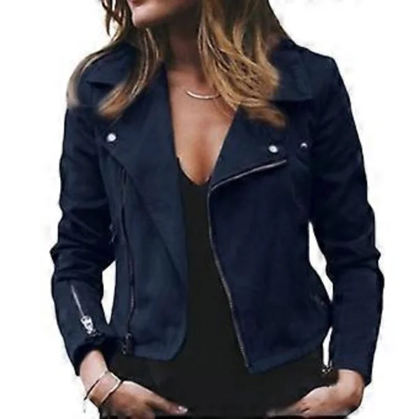 Damekrage Enkel Glidelås Bikerjakke Kort Dress Dame Blazer Langermet Kåpe Slim Fit Yttertøy (M Blå)