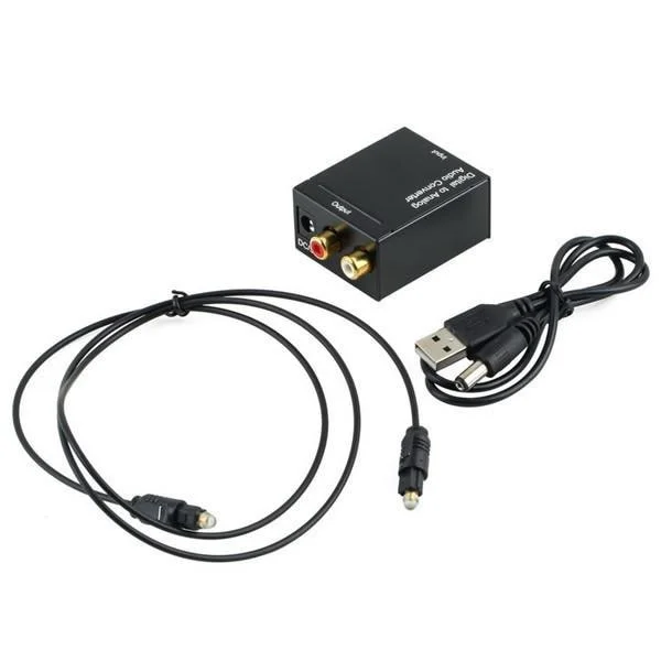 Digital till analog ljudkonverterare med USB-laddningskabel och optisk fiberkabel