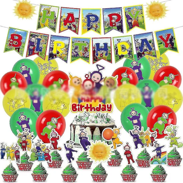 Teletubbies Tema Bursdagsdekorasjon Festutstyr Inkluderer Gratulerer Med Dagen Banner Ballongsett Cupcakes Topper Kake Topper For Barn Fans-yvan (FMY)