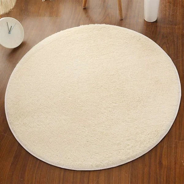 Monochrome fluffy high pile rug round high polyester rug for living room bedroom beige 30cm diameter