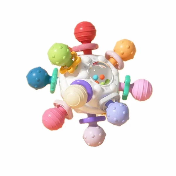 Bitring för bebis från 3 månader, sensorisk skallra boll greppboll babyleksak gjord av silikon, Montessori motorikleksak babypresent från 0 6 9 