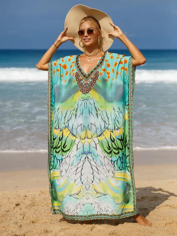 2025 Siste Modell Dame Pluss Størrelse Strandkjole Bohemsk Strandkjole V-Hals Batwing Erme Kåpe Løs Strandkjole Badedrakt Cover-up