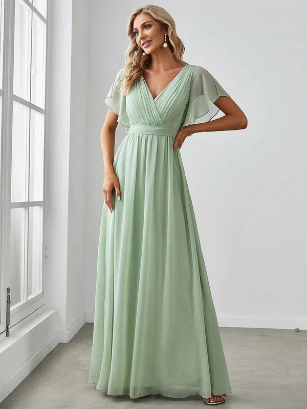 AliExpress - Elegante Abendkleider, lang, A-Linie, kurzärmelig, V-Ausschnitt, Chiffon, bodenlang, Kleid 2025, immer hübsch, schlichtes Ballkleid für 