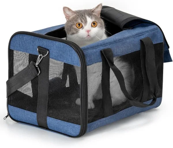 Pet Carrier, Soft Cat Carrier, Small Dog Carrier, Foldable, Durable, Airline Approved, Travel Friendly (42*28*28 cm, Blue) Navy blue