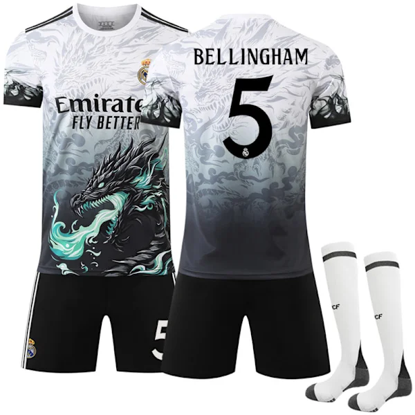 24-25 Real Madrid Qinglong Special Edition Dragon Hvid Fodbolduniform Nr. 5 Bellingham trøje med sokker til børn og voksne.