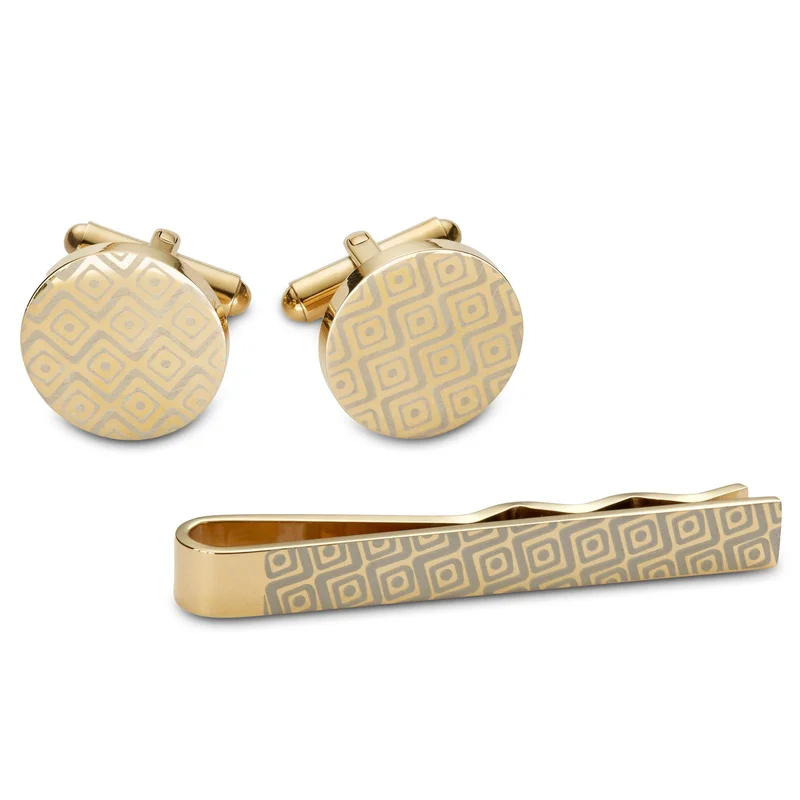 Gold-Tone Geometric Tie Bar and Cufflinks Set for Men - Tie clips & cufflinks sets