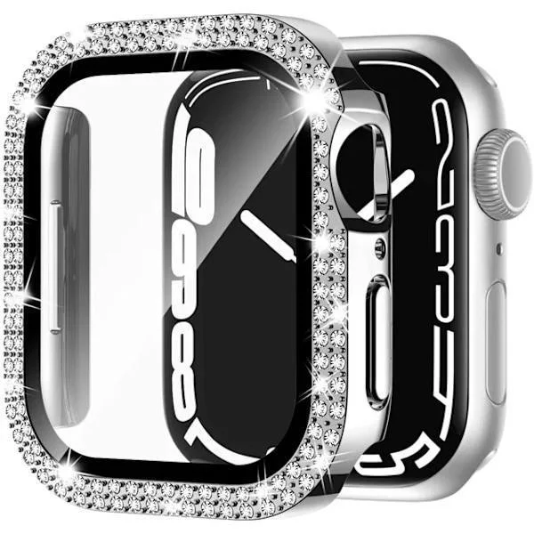 Bling Glass+ deksel til Apple Watch deksel 45mm 41mm 40mm 44mm 42mm 38mm Diamond Bumper + skjermbeskytter iwatch Series 7 9 8 5 6 SE C sølv C sølv