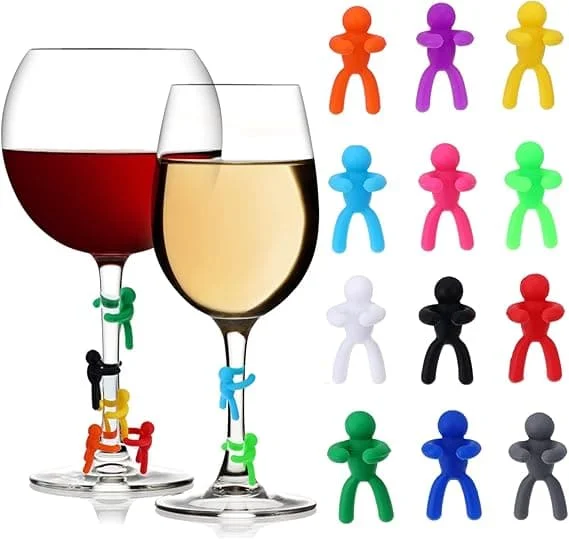 Sett med 12 silikon glassmarkører, anheng til vin- og cocktailglass, flerfarget, i form av små dukker