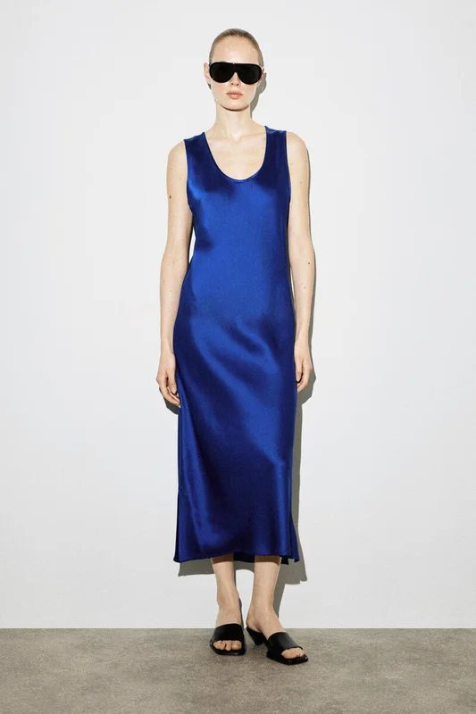 COS Women's Scoop Neck Satin Midi Dress in Blue
