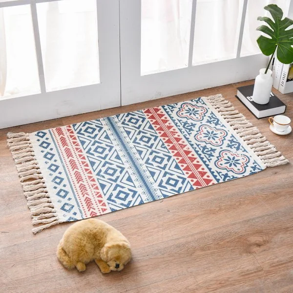 Small Bohemian Woven Cotton Rug with Tassels, Washable, 90 x 60 cm, Rustic, Bohemian, Vintage Style, for Kitchen, Bathroom