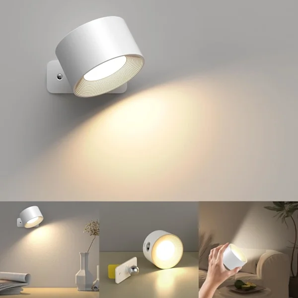 Seinävalaisin sisäkäyttöön, seinävalaisin USB-latauksella, 3 väriä ja 3 tasoa LED sisätiloihin 360° pyörivä kosketusohjaus langaton seinävalaisin