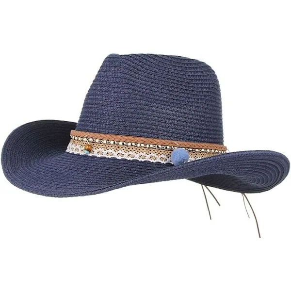Sommar Cowboy Cowgirl Hatt Unisex Rullbar Brätte Western Cowboy Hatt Halm Strandkeps, blå
