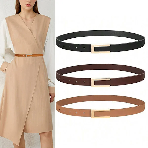 Women's Leather Belt Slim Waist Belt for Dresses Jeans Pants with Gold Buckle 3 pcs