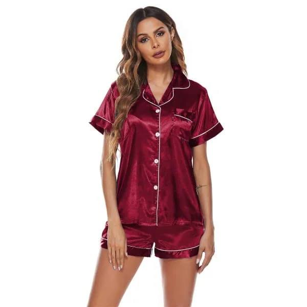 Siden Satin Pyjamas Set Dam Kortsärmad Sovkläder Shorts Set röd l