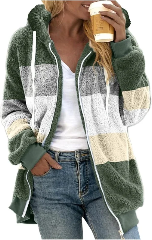 Huva jacka dam teddy fleece kappa övergångsjacka med huva med fickor dragkedja höst vinter plysch jacka fleece jacka vinter L J Grön