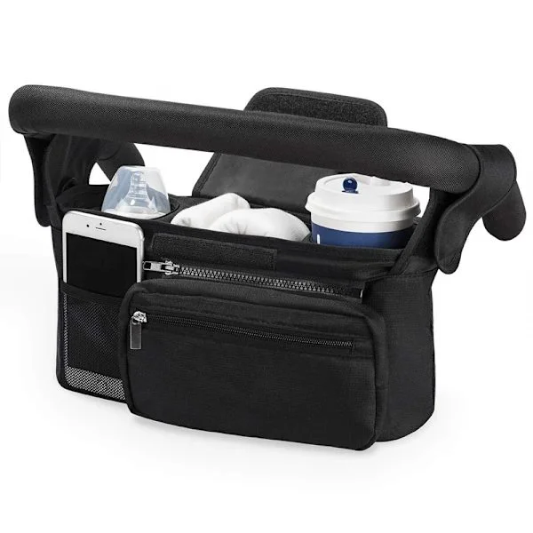 Stroller and Pram Organizer, Universal Storage Bag with 2 Insulated Cup Holders Bottle Holders, Large Pocket for Phone and Baby Accessories